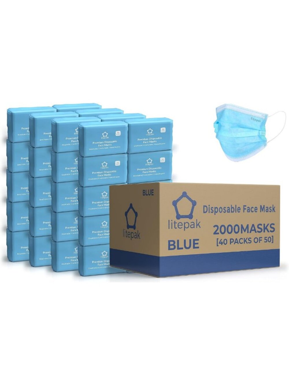 2000 Disposable 3-Ply Face Masks - Breathable Adult Masks in Blue - 40 Packs